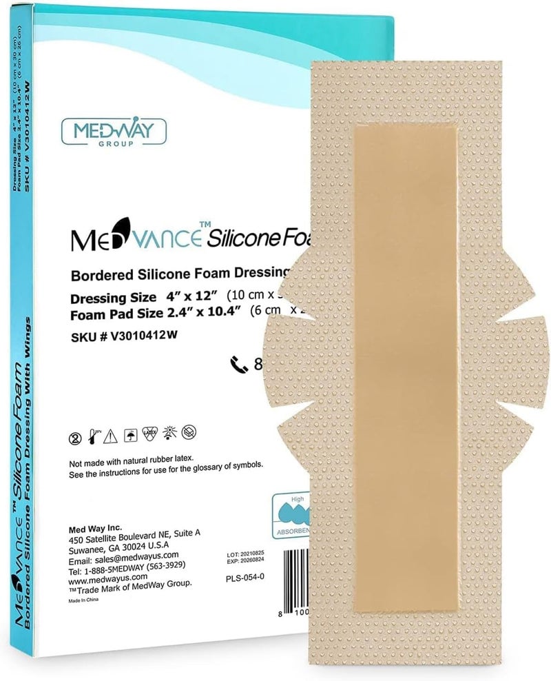 MedVance TM Silicone - Bordered Silicone Adhesive Foam Dressing Size 4" 12" w/Wings (2.4"x10.4" Pad), Box of 5 dressings