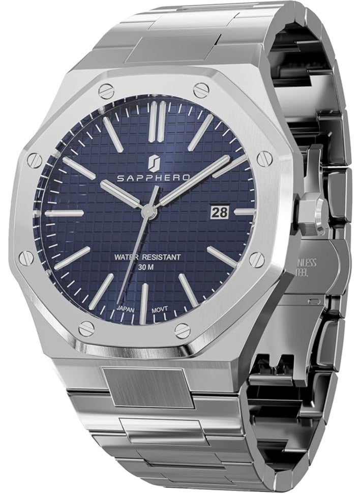 Sapphero Watch for Men Stainless Steel Mens Watches Waterproof Analog Quartz Movement Wrist Watch Gifts for Men - Image 1