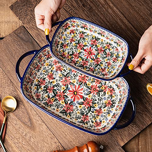 ONECCI Baking Dish Ceramic Baking Pan Blue Casserole Dish Rectangular Baking Set 2pcs Bakeware Sets Lasagna Pan Baking Dishes for oven (Exotic Daisy) - Image 4
