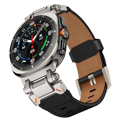 WINGLE Leather Band for Samsung Galaxy Watch Ultra Bands 47mm 2025/2024 Men Wide Rugged Top Grain Genuine Leather Strap with Metal Connector Armor Classy Casual Business Galaxy Watch Ultra Band, Black - Image 1