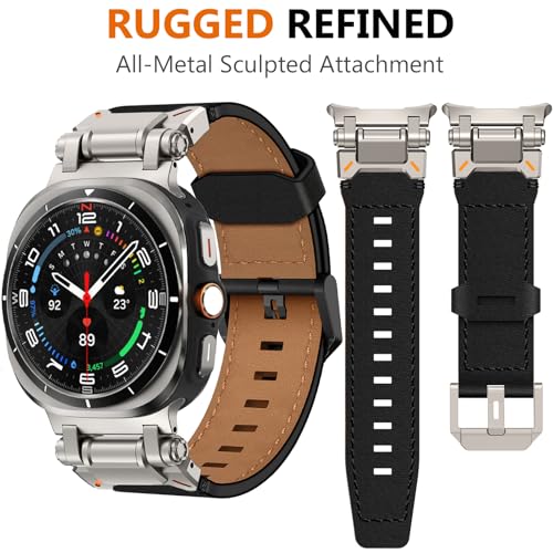 WINGLE Leather Band for Samsung Galaxy Watch Ultra Bands 47mm 2025/2024 Men Wide Rugged Top Grain Genuine Leather Strap with Metal Connector Armor Classy Casual Business Galaxy Watch Ultra Band, Black - Image 2