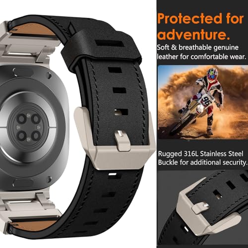 WINGLE Leather Band for Samsung Galaxy Watch Ultra Bands 47mm 2025/2024 Men Wide Rugged Top Grain Genuine Leather Strap with Metal Connector Armor Classy Casual Business Galaxy Watch Ultra Band, Black - Image 3