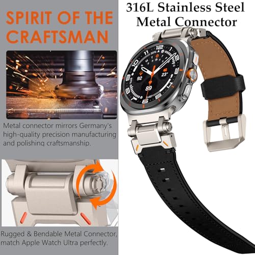 WINGLE Leather Band for Samsung Galaxy Watch Ultra Bands 47mm 2025/2024 Men Wide Rugged Top Grain Genuine Leather Strap with Metal Connector Armor Classy Casual Business Galaxy Watch Ultra Band, Black - Image 4