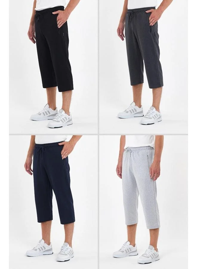 Men's 4-Pocket Zippered Bermuda Knee-Length Capri Long Shorts with Adjustable Elastic Waist.
