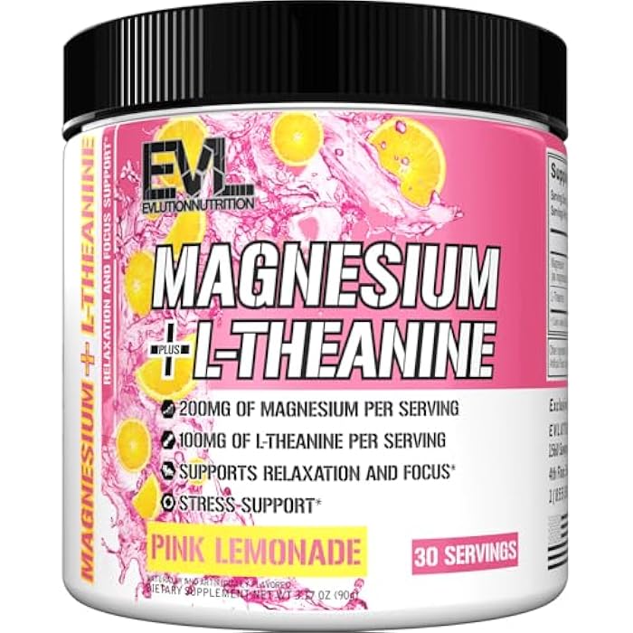 Evlution Nutrition Magnesium + L-Theanine - Natural Relaxation & Focus Support - 200mg Magnesium + 100mg L-Theanine - Vegan & Non-GMO - Powder Dietary Supplement - 30 Servings - Pink Lemonade - Image 1