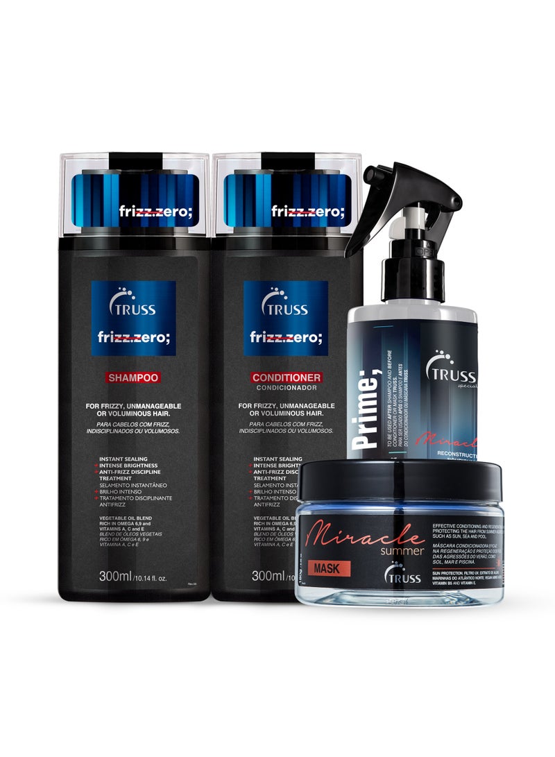 تروس شامبو وبلسم Truss Frizz Zero (300 مل لكل منهما) + قناع شعر صيفي (180 جم) + كريم Deluxe Prime Leave-In مجانًا (260 مل) - مجموعة كاملة للعناية بالشعر مضادة للتجعد من 4 خطوات - Image 1