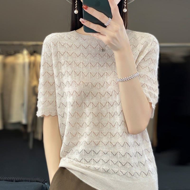 Z-Line Ready-To-Wear Fine Wool Short-Sleeve T-Shirt For Women, New Summer Style, Round Neck, Hollow-Out, Thin Top, Stylish Base Shirt - Image 1
