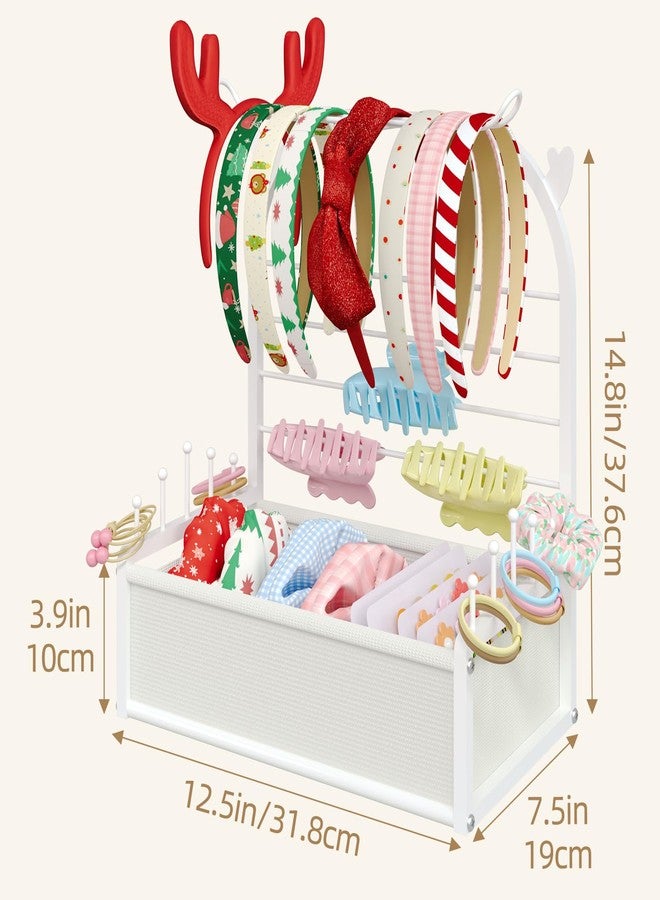 TIPSYTREE Headband Holder Organizer for Girls, Hair Accessories Storage Stand with Adjustable Fabric Storage Box, Deer Antler Design Stand for Scrunchies, Bows, Clips & Hair Ties, White - Image 3