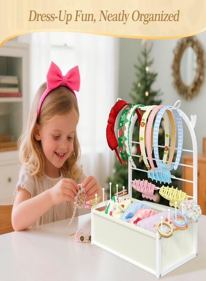 TIPSYTREE Headband Holder Organizer for Girls, Hair Accessories Storage Stand with Adjustable Fabric Storage Box, Deer Antler Design Stand for Scrunchies, Bows, Clips & Hair Ties, White - Image 2