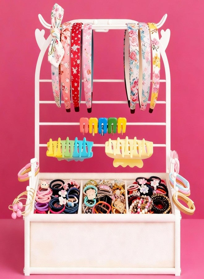 TIPSYTREE Headband Holder Organizer for Girls, Hair Accessories Storage Stand with Adjustable Fabric Storage Box, Deer Antler Design Stand for Scrunchies, Bows, Clips & Hair Ties, White - Image 1