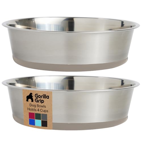 GORILLA GRIP Dog Bowls Food Grade 304 Stainless Steel Holds 4 Cups Each 32 fl oz Food and Water Bowl for Feeding Dogs and Cats Dishwasher Safe Rust Resistant BPA Free Rubber Base Set of 2 Beige - Image 1