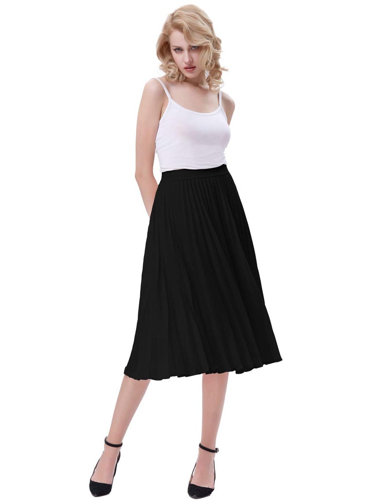 Kate Kasin Women's High Waist A-line Skirt Pleated Midi Skirt Black L KK659-3 - Image 4