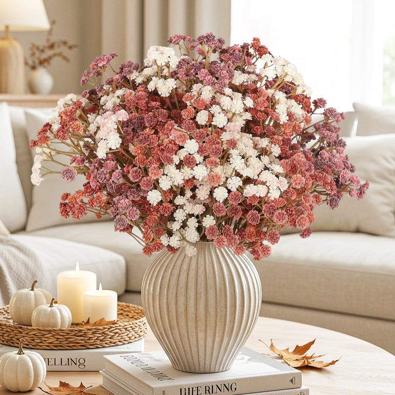 Baby Breath Flowers Fall Flowers Artificial Bulk 10Pcs Fall Decor Fake Gypsophila Plants Bouquets Flowers Real Touch Faux Babies Breath Arrangement for Home Autumn Wedding Vase Decoration Fall Orange