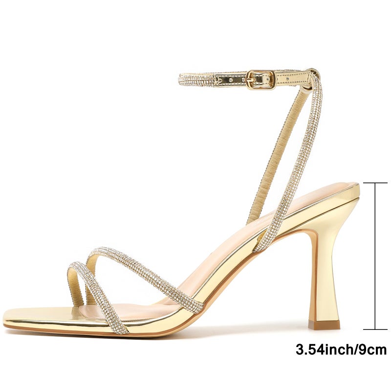 Mostrin Gold Strappy Rhinestone Heels for Women Ankle Strap Lace Up Square Open Toe Heels Stiletto High Heeled Sandals for Wedding, Prom, Party, Daily Size 7 - Image 5