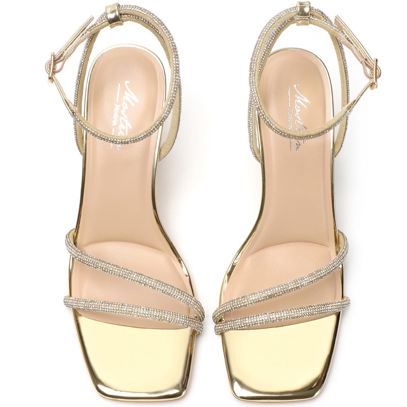 Mostrin Gold Strappy Rhinestone Heels for Women Ankle Strap Lace Up Square Open Toe Heels Stiletto High Heeled Sandals for Wedding, Prom, Party, Daily Size 7 - Image 4