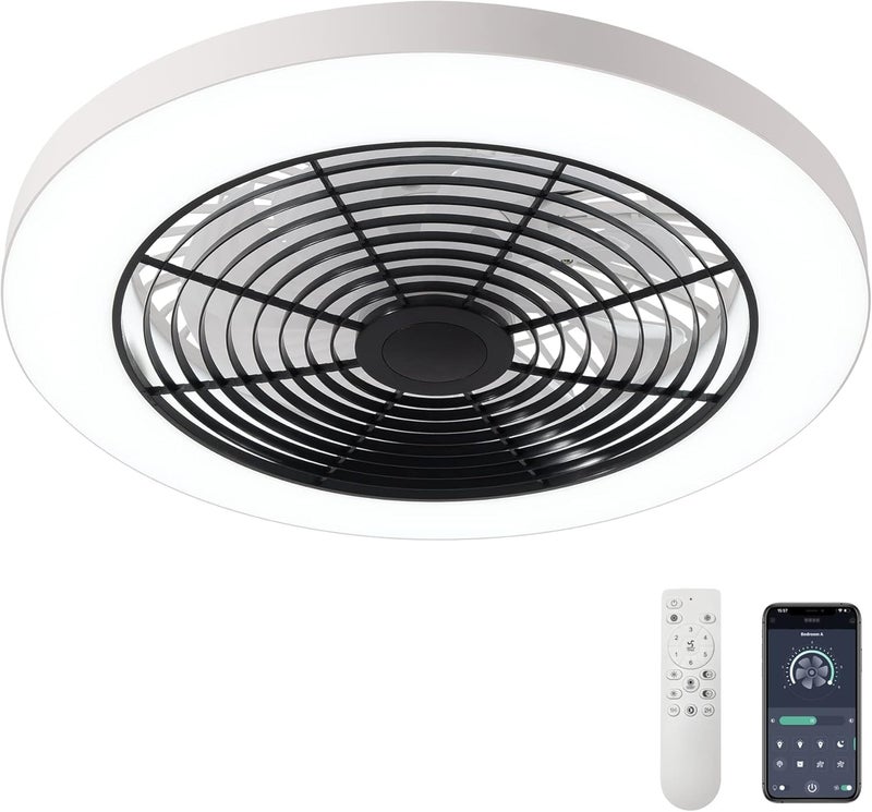 Orison Ceiling Fans with Lights, Low Profile Ceiling Fan with Lights and Remote, 6 Wind Speeds Smart Flush Mount Ceiling Fan for Bedroom, Kids Room and Living Room 19.7" (Black) - Image 1