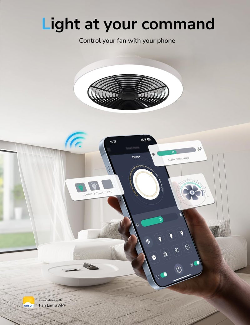 Orison Ceiling Fans with Lights, Low Profile Ceiling Fan with Lights and Remote, 6 Wind Speeds Smart Flush Mount Ceiling Fan for Bedroom, Kids Room and Living Room 19.7" (Black) - Image 3
