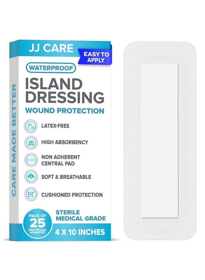 JJ CARE JJ CARE Waterproof Adhesive Island Dressing [Pack of 25], 4" x 10" Sterile Bordered Gauze, Breathable Island Wound Dressing, Individually Wrapped Adhesive Gauze Bandages with Non-Stick Central Pad - Image 1