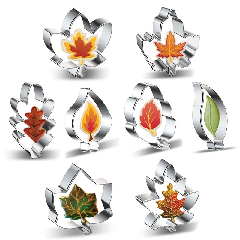 Fall Leaves 8Piece Leaf Cookie Cutter Set  Maple Leaf Oak Leaf Teardrop Leaf Cookie Cutters Shapes Biscuit Fondant Molds for Fall Autumn Thanksgiving Christmas Birthday Wedding Party Decorations