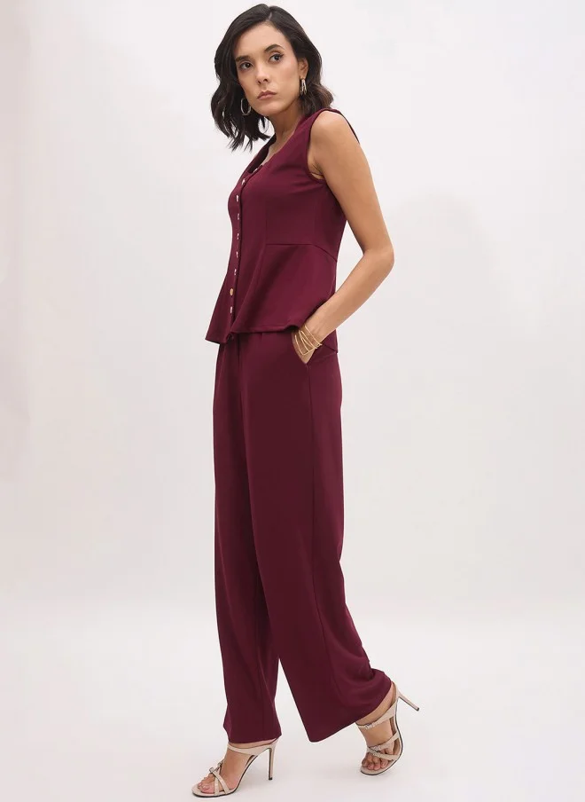 SASSAFRAS Burgundy Square Neck Top And Trouser Set For Women