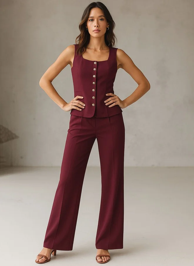 SASSAFRAS Burgundy Square Neck Top And Trouser Set For Women