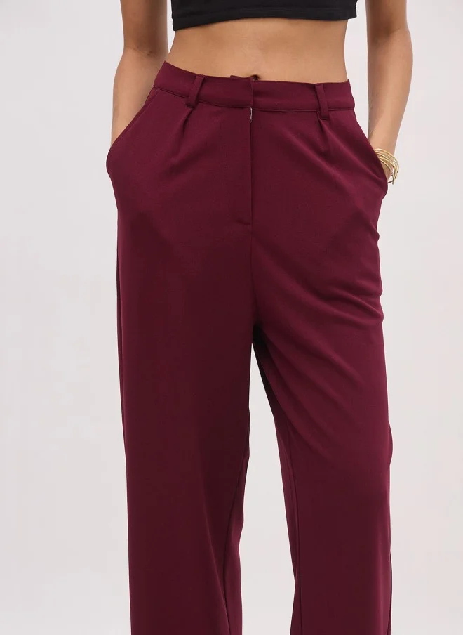 SASSAFRAS Burgundy Square Neck Top And Trouser Set For Women