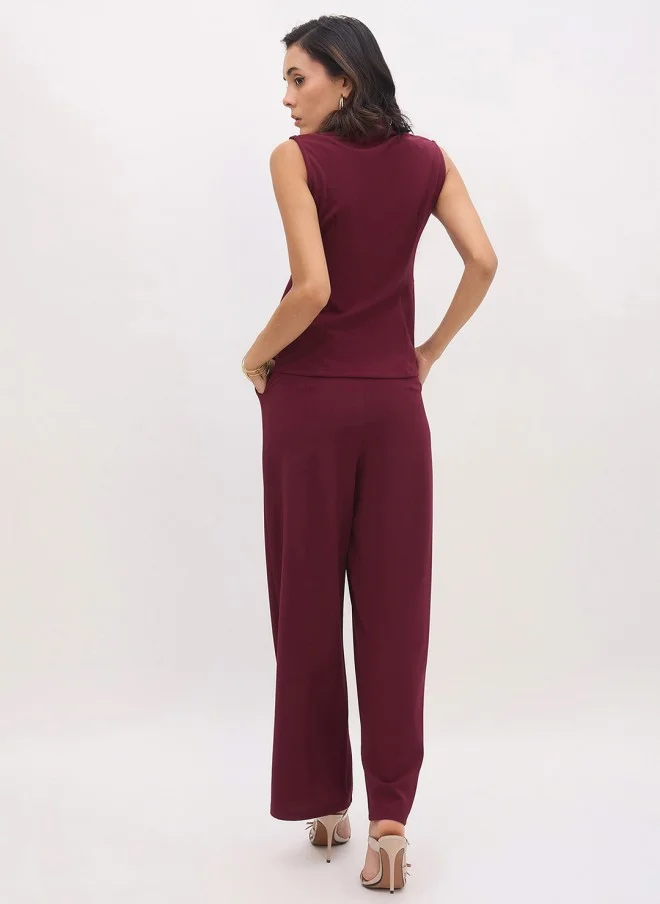 SASSAFRAS Burgundy Square Neck Top And Trouser Set For Women