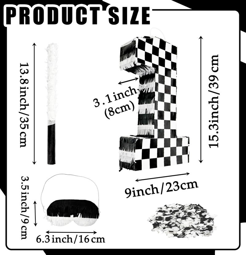MUNILAIL Checkered Number 1 Pinata Black and White Checkered Pinata with Stick and Blindfold Confetti for 1st Birthday Racing Car Party Game Supplies Race Car Pinatas - Image 2