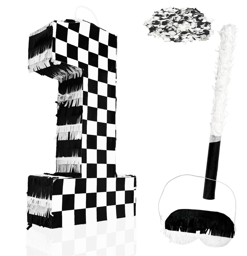 MUNILAIL Checkered Number 1 Pinata Black and White Checkered Pinata with Stick and Blindfold Confetti for 1st Birthday Racing Car Party Game Supplies Race Car Pinatas - Image 1