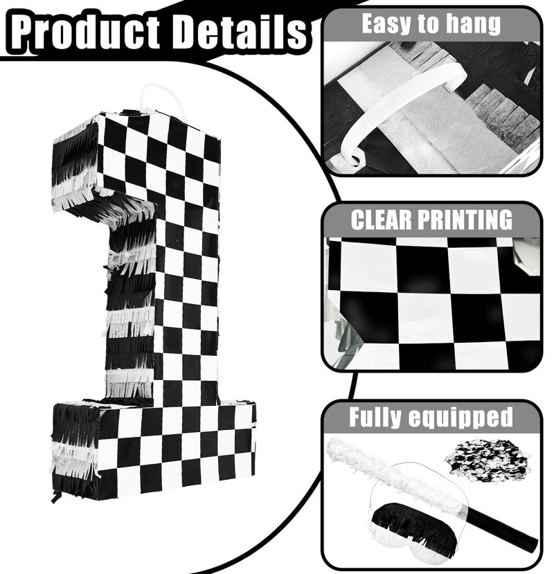MUNILAIL Checkered Number 1 Pinata Black and White Checkered Pinata with Stick and Blindfold Confetti for 1st Birthday Racing Car Party Game Supplies Race Car Pinatas - Image 3