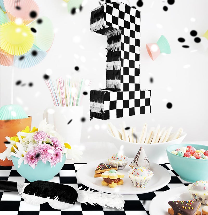 MUNILAIL Checkered Number 1 Pinata Black and White Checkered Pinata with Stick and Blindfold Confetti for 1st Birthday Racing Car Party Game Supplies Race Car Pinatas - Image 5