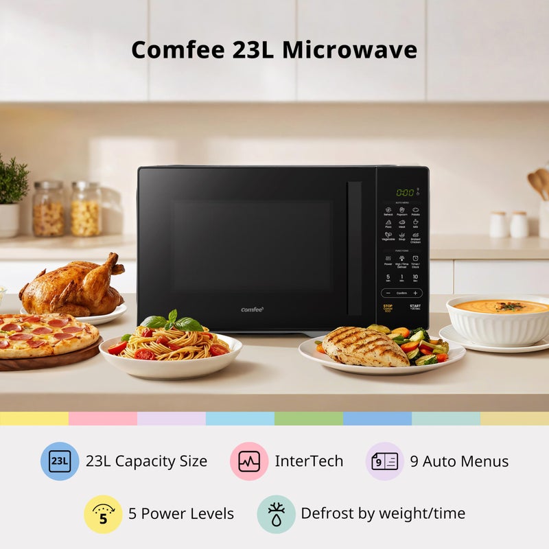 COMFEE' 23L Digital Solo Microwave Oven, 900W Compact Countertop Microwave with Inverter,9 Auto Menus, 5 Power Levels, Express Cook,Defrost, Easy Control, Timer, ECO Mode, Black - CMO-E232NL(BK) - Image 2