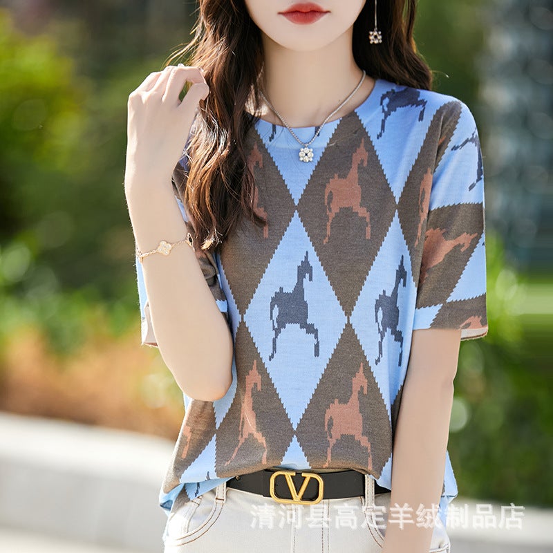 There Is Always A Suitable One-Summer Classic Joker Mulberry Silk Various Printed Pattern Round Neck Short Sleeve T-Shirt - Image 1