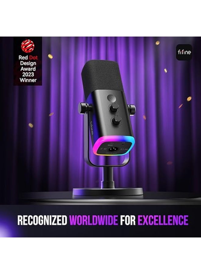 FIFINE XLR/USB Dynamic Microphone for Podcast Recording, PC Computer Gaming Streaming Mic with RGB Light, Mute Button, Headphones Jack, Desktop Stand, Vocal Mic for Singing YouTube-AmpliGame AM8 - Image 4