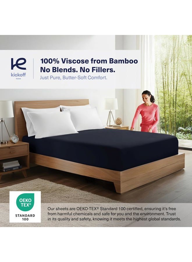 Kickoff Home Kickoff Viscose Bamboo Fitted Sheet Queen Size, 100% Organic Cooling Sheets Fitted ONLY Viscose Bamboo Sheets Queen Size Bed Sheet for Hot Sleepers, Extra Deep Pocket, 4 Corner Strap (Q, Onyx Black) - Image 2