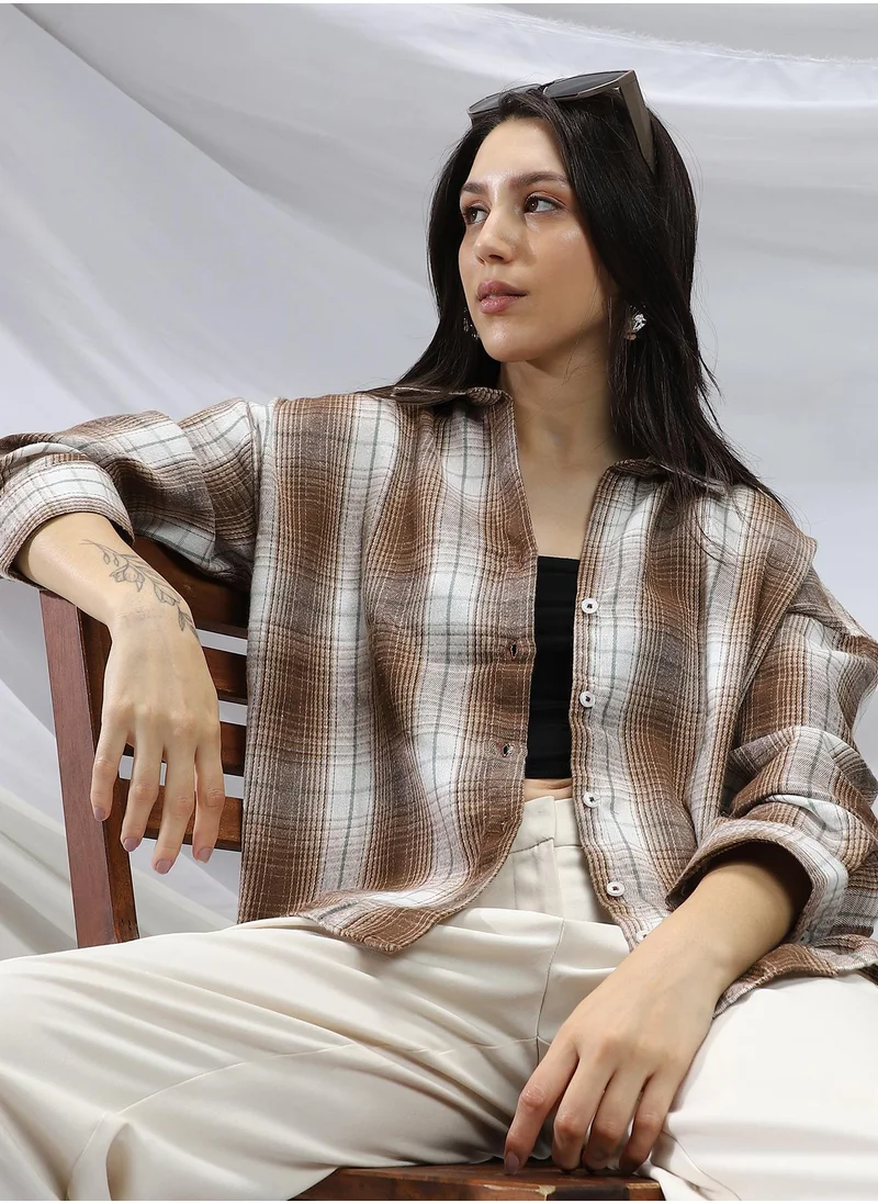 Campus Sutra Campus Sutra Women's Chocolate Brown & Cream White Gradient-Check Relaxed Shirt For Casual Wear | Spread Collar | Long Cuff Sleeves | Button Closure | Shirt Crafted With Comfort Fit For Everyday Wear
