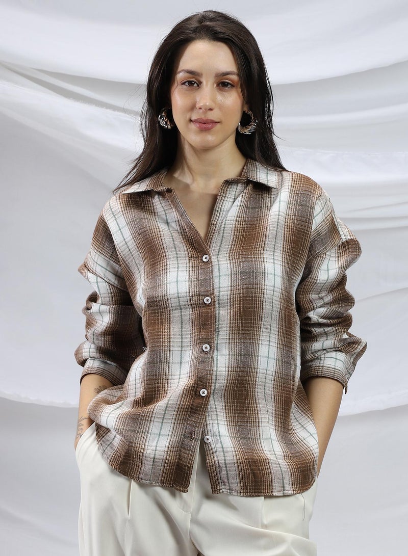 Campus Sutra Campus Sutra Women's Chocolate Brown & Cream White Gradient-Check Relaxed Shirt For Casual Wear | Spread Collar | Long Cuff Sleeves | Button Closure | Shirt Crafted With Comfort Fit For Everyday Wear  - Image 2