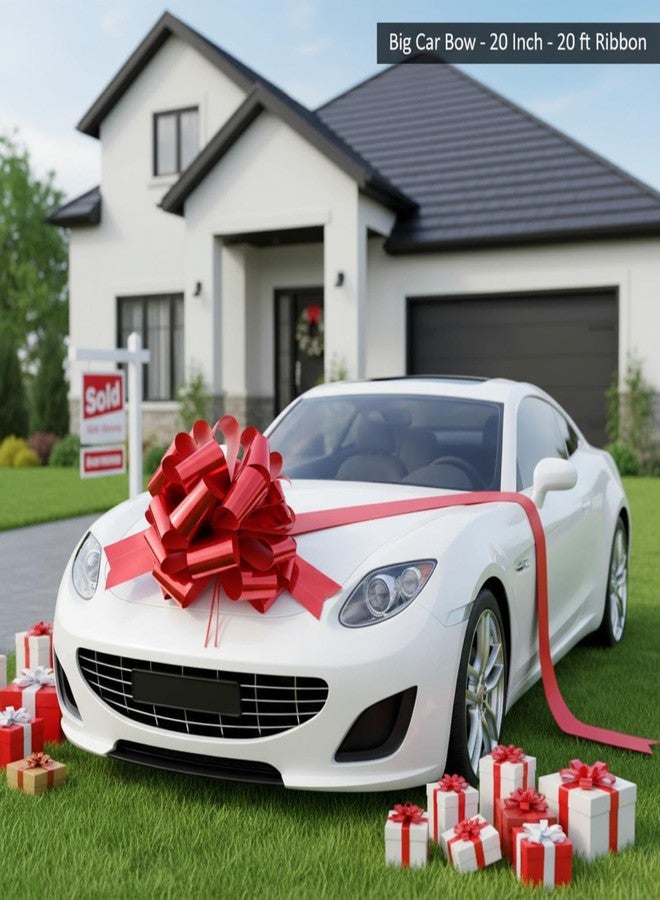 زنون فيونكة سيارة كبيرة من زونون، فيونكة سيارة عملاقة مع شريط بطول 20 قدمًا لتغليف الهدايا الكبيرة، المنازل الجديدة، الهدايا الضخمة، أعياد الميلاد، ديكور الكريسماس (20 بوصة، أحمر لامع) - Image 2