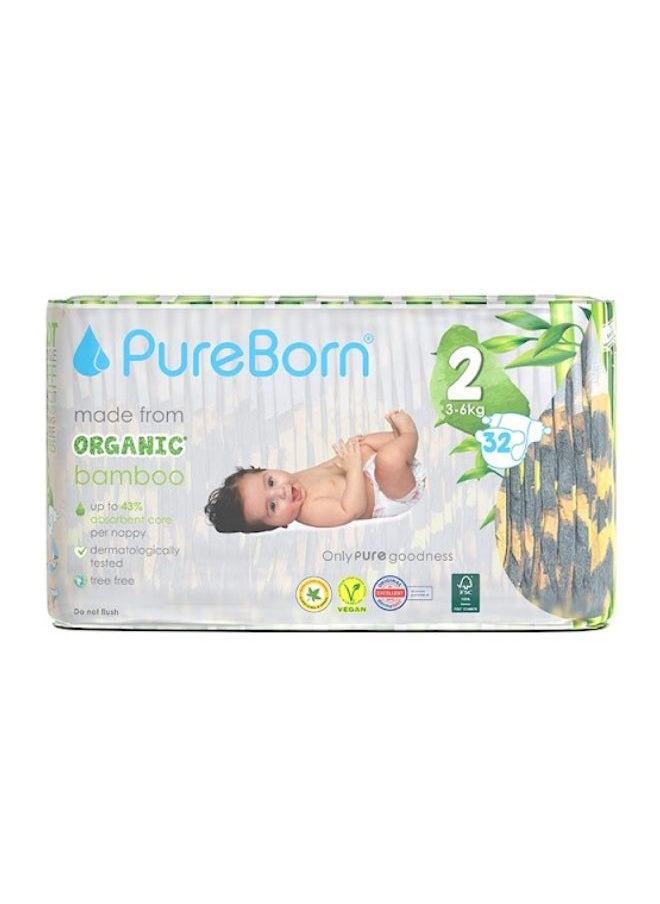 PureBorn Organic Bamboo Size 2 Diapers  3-6Kg 32 Count 