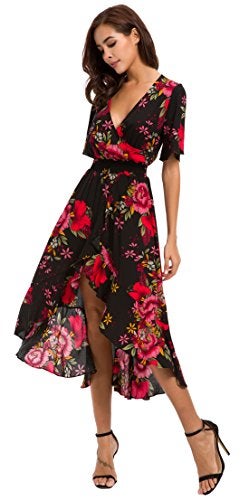 Kormei Womens Short Sleeve Floral High Low V-Neck Flowy Party Long Maxi Dress M Black&Red - Image 4