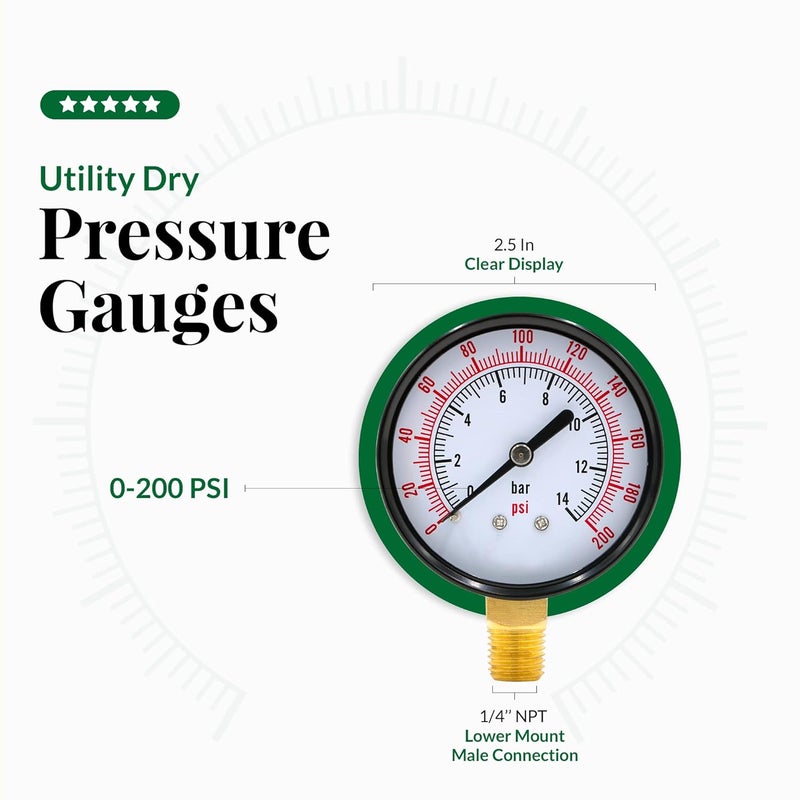 Supply Giant عداد ضغط الماء 2.5 بوصة من Supply Giant 0-200 PSI، عداد ضغط فلتر حمام سباحة من الفولاذ الأسود بدقة +/-3-2-3%، عداد ضغط زيت وهواء - Image 3