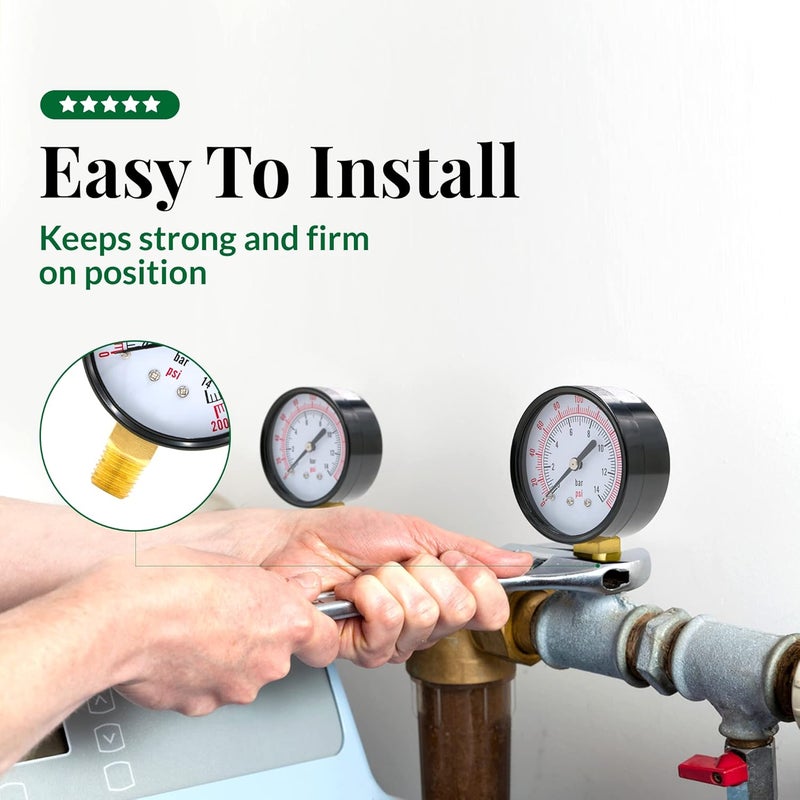 Supply Giant عداد ضغط الماء 2.5 بوصة من Supply Giant 0-200 PSI، عداد ضغط فلتر حمام سباحة من الفولاذ الأسود بدقة +/-3-2-3%، عداد ضغط زيت وهواء - Image 5