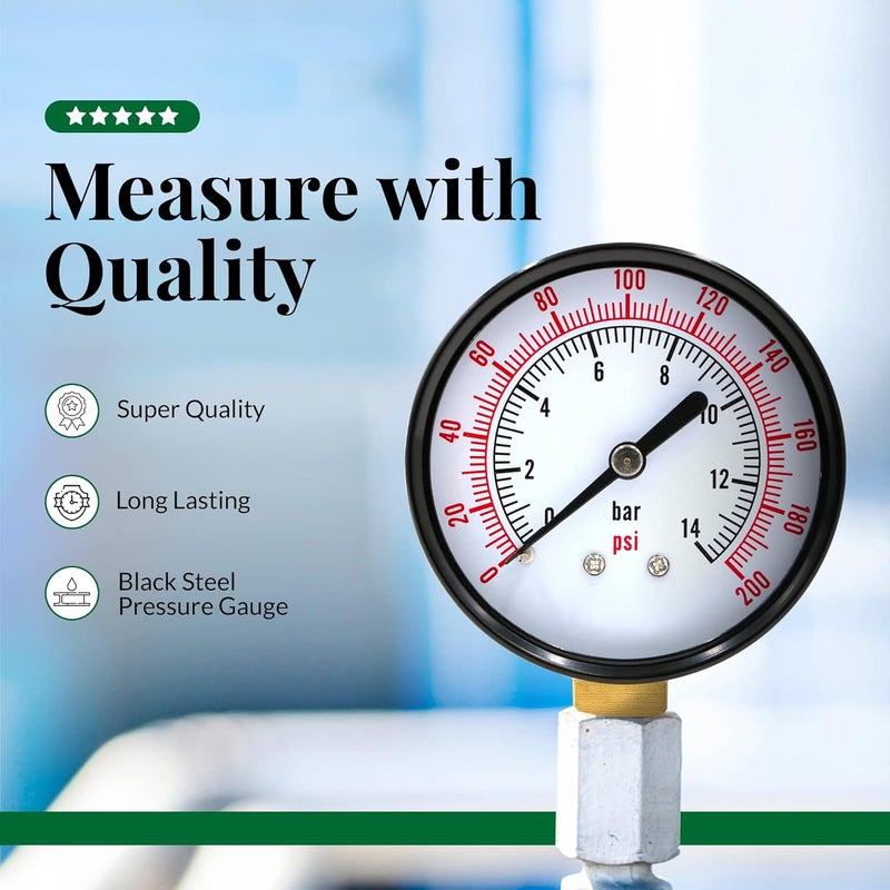 Supply Giant عداد ضغط الماء 2.5 بوصة من Supply Giant 0-200 PSI، عداد ضغط فلتر حمام سباحة من الفولاذ الأسود بدقة +/-3-2-3%، عداد ضغط زيت وهواء - Image 2