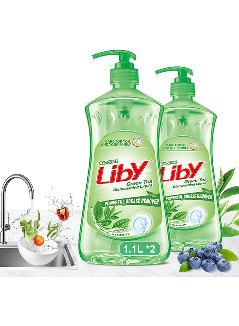 Liby Green Tea Dishwashing Liquid Soap – Powerful Grease Remover, Anti-Bacterial, Fresh Tea Scent – Safe for Dishes, Fruits & Vegetables – Natural Green Tea Clean Liquid (1.1Lx2) - Image 1