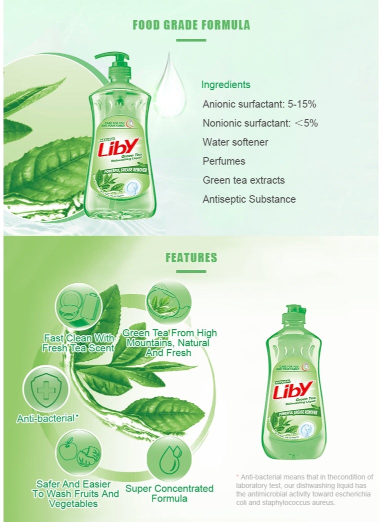 Liby Green Tea Dishwashing Liquid Soap – Powerful Grease Remover, Anti-Bacterial, Fresh Tea Scent – Safe for Dishes, Fruits & Vegetables – Natural Green Tea Clean Liquid (1.1Lx2) - Image 4