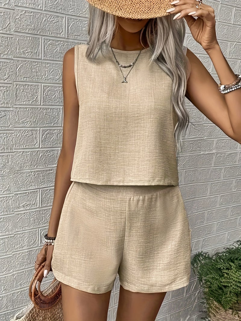 Summer Casual Textured Solid-Color Vest And Shorts - Image 2