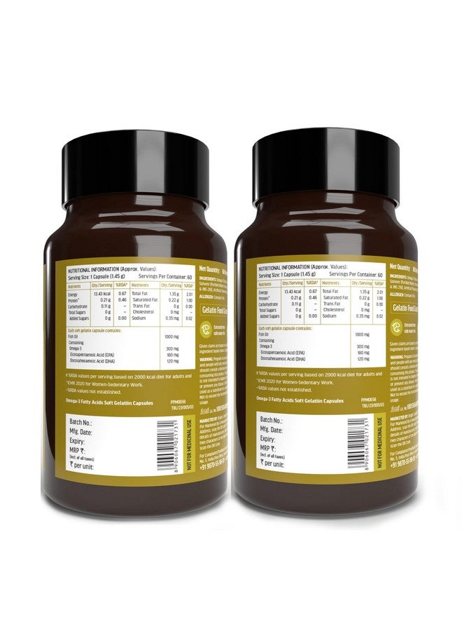 HEALTHKART مكمل زيت السمك أوميغا 3 من هيلث كارت hk فيتالز (60 كبسولة لكل عبوة، عبوة من 2) | 1000 ملغ أوميغا 3 مع 180 ملغ EPA و 120 ملغ DHA | لصحة الدماغ والقلب والمفاصل - Image 3