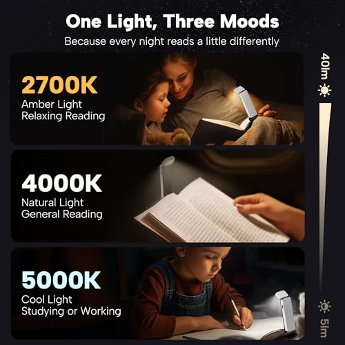 86lux Book Light, Rechargeable Clip-On LED Reading Light for Bed & Night Use - 3 Color Temperatures with Stepless Dimming, Ultralight Bookmark Design for Kids, Book Lovers, White - Image 3