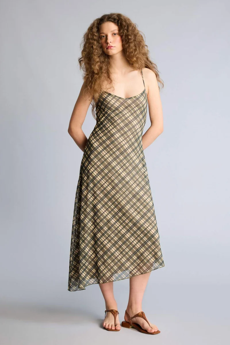 ديفاكتو V-Neck Plaid Tulle Midi Dress