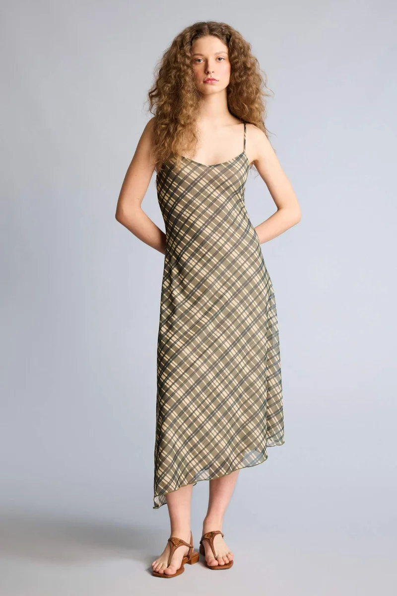 ديفاكتو V-Neck Plaid Tulle Midi Dress